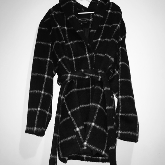 Metaphor Shawl Collar Belted Black and White Plaid Coat Jacket with Hood Size 1X - Picture 2 of 13
